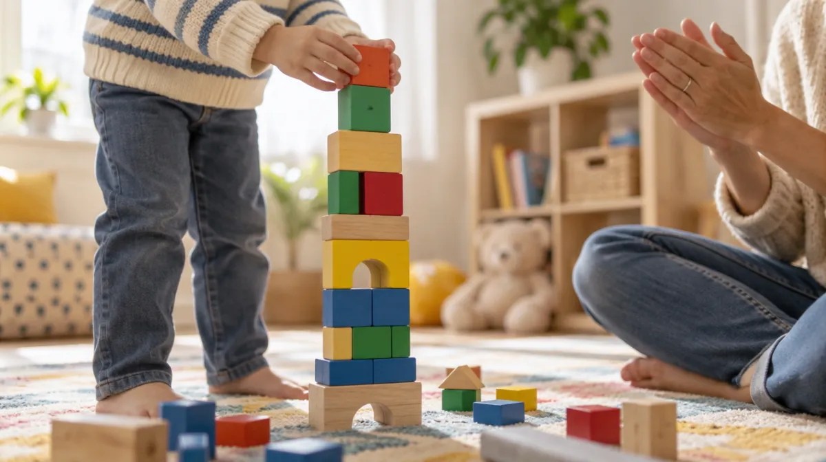 A toddler stacking colorful wooden blocks into a tall tower while a parent claps nearby