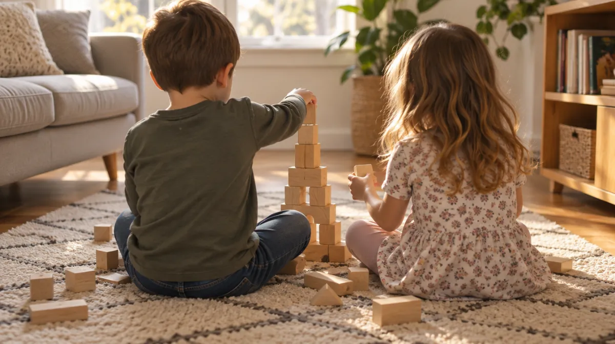Two young siblings sitting together on a rug building with wooden blocks
